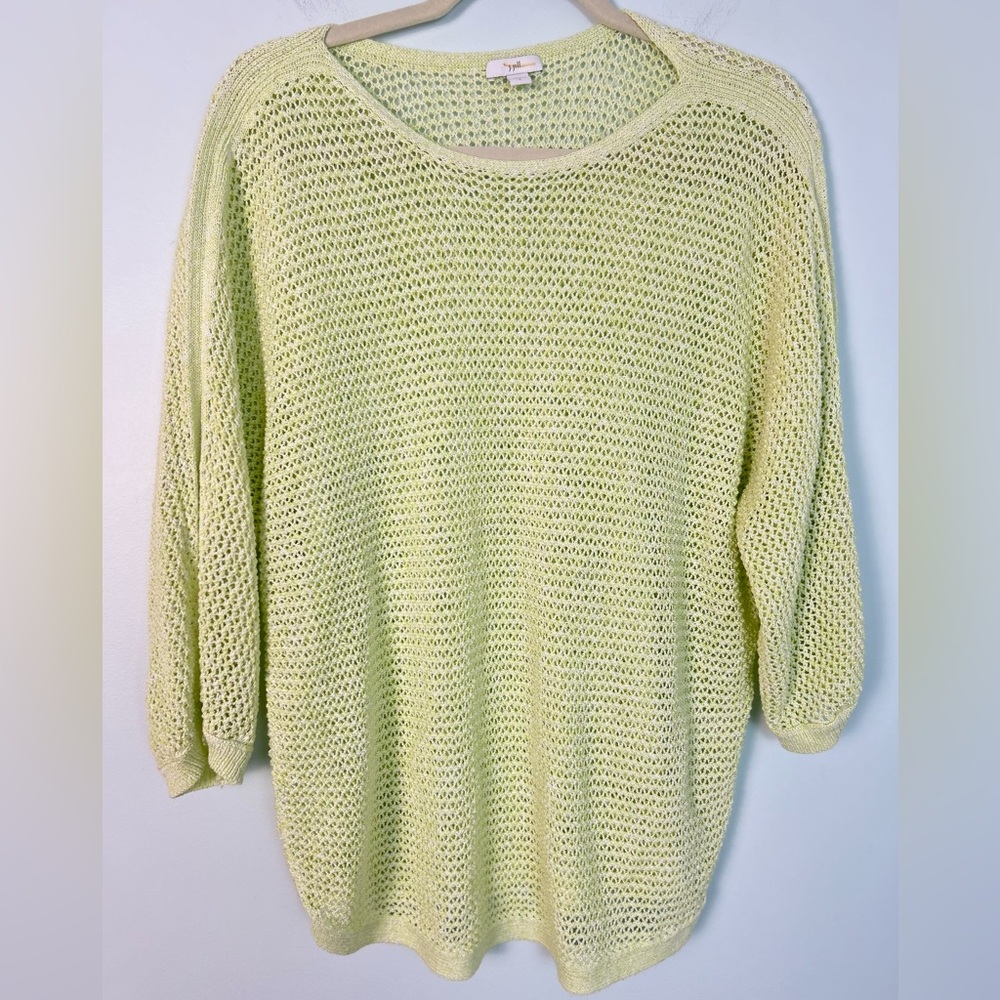J. Jill Open Weave 3/4 Sleeve Cotton Blend  Pistachio Green Sweater